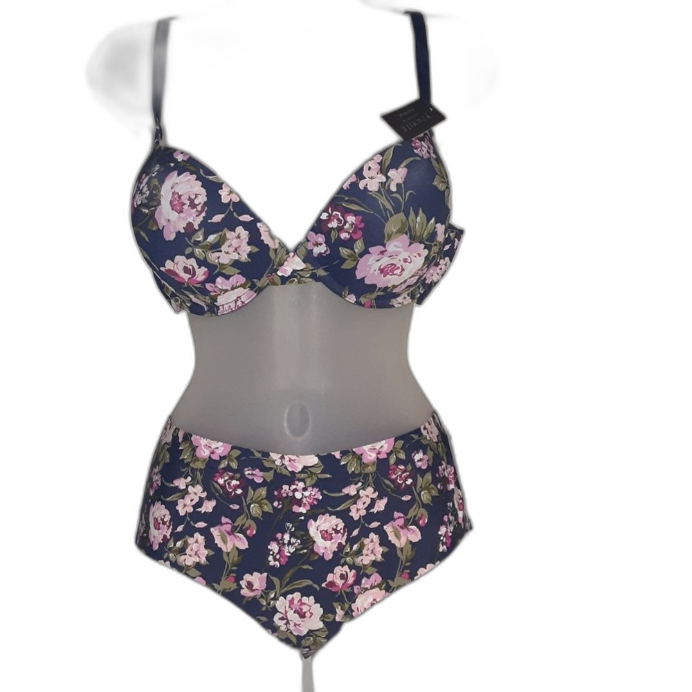 Youmita 40C Patriot Blue Floral Push Up Bra and Large Seamless Panty